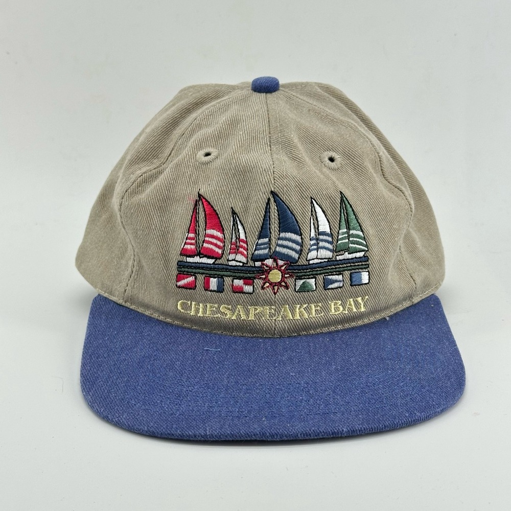 Vintage Chesapeake Bay Strapback Hat Cap Khaki Blue Embroidered Sailboat